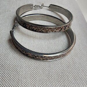Large hoop pierced faux snakeskin leather earrings